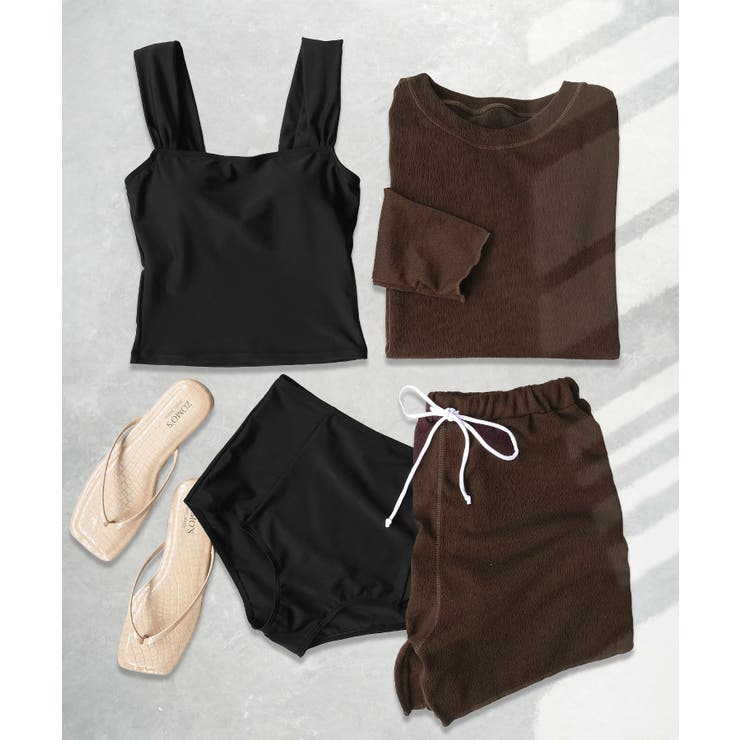 ブラウン | 体型カバー ラッシュガード 付き タンキニ  水着 セットアップ レディース | OSYAREVO