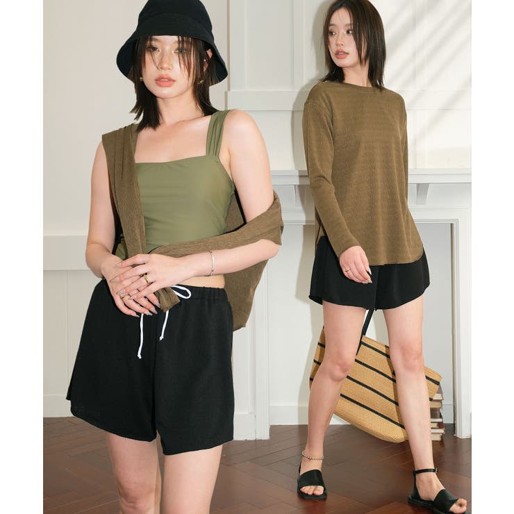 カーキ×ブラック | 体型カバー ラッシュガード 付き タンキニ  水着 セットアップ レディース | OSYAREVO