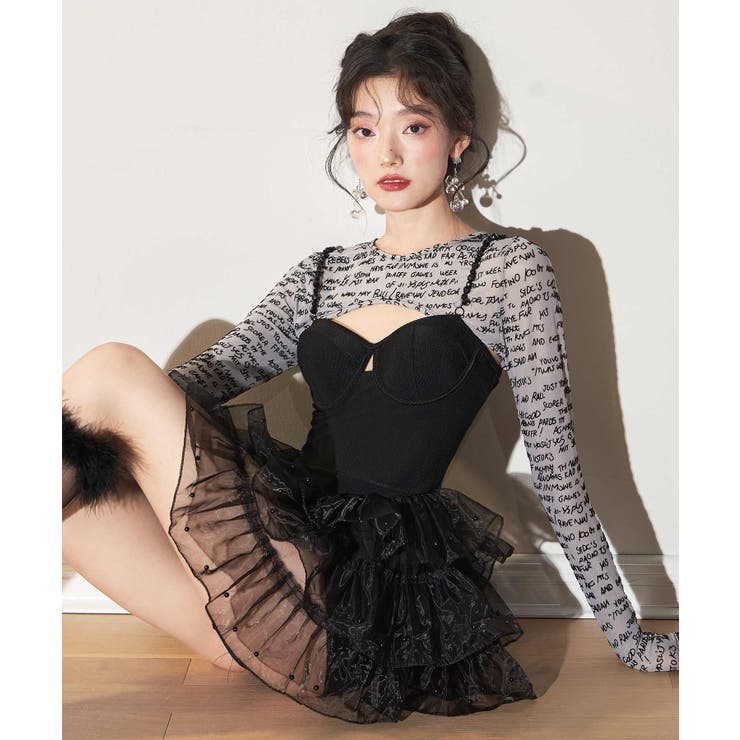 シアートップス付き ティアード チュール ワンピース 水着[品番