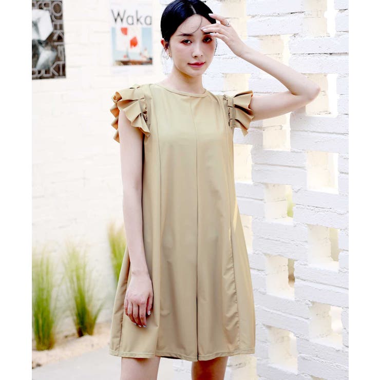 ベージュ | フリル ロンパース付き セットアップ ビキニ 水着 レディース | OSYAREVO