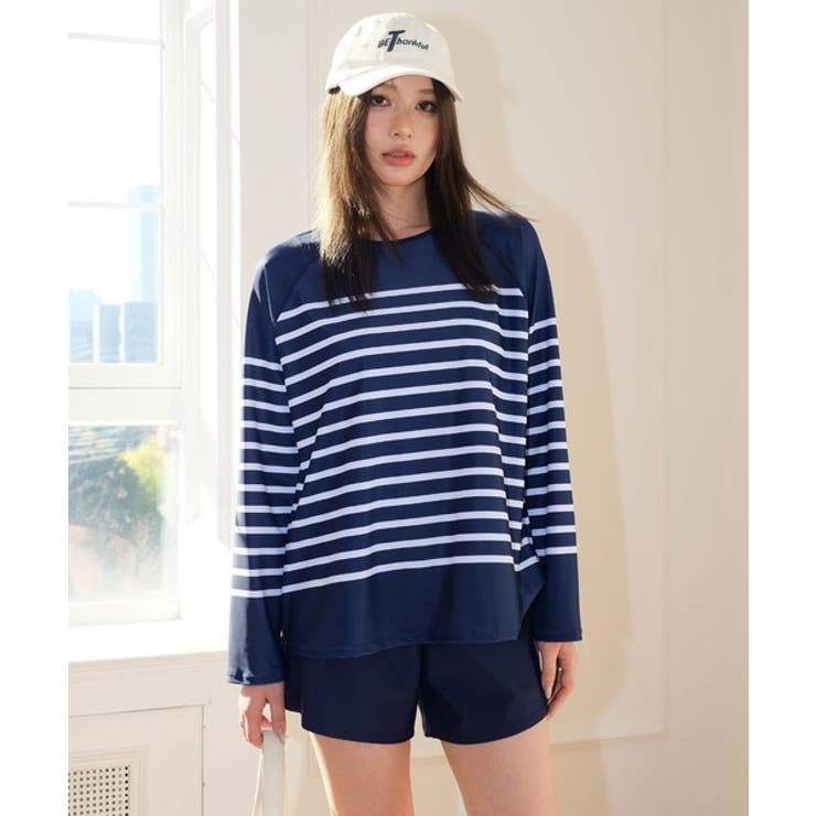 ネイビー×ホワイト | 体型カバー ラッシュガード セットアップ | OSYAREVO