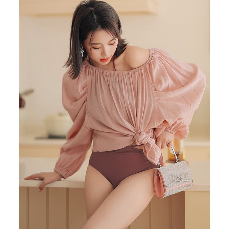 オフショルワンピース 付き カッティング ビキニ 水着 レディース[品番 オフショルワンピース 付き カッティング ビキニ 水着 レディース[品番