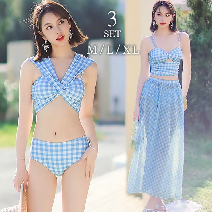 絶妙なデザイン ギンガムチェック柄 水着[品番 ロールビキニ スカート付き 水着・ラッシュガード