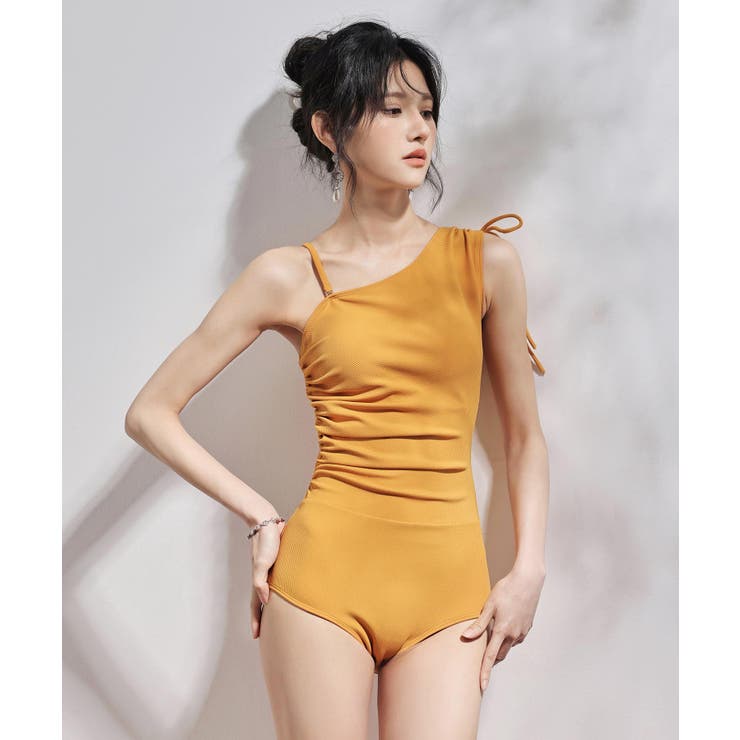 アシンメトリー サイドギャザー ワンピース水着 レディース[品番