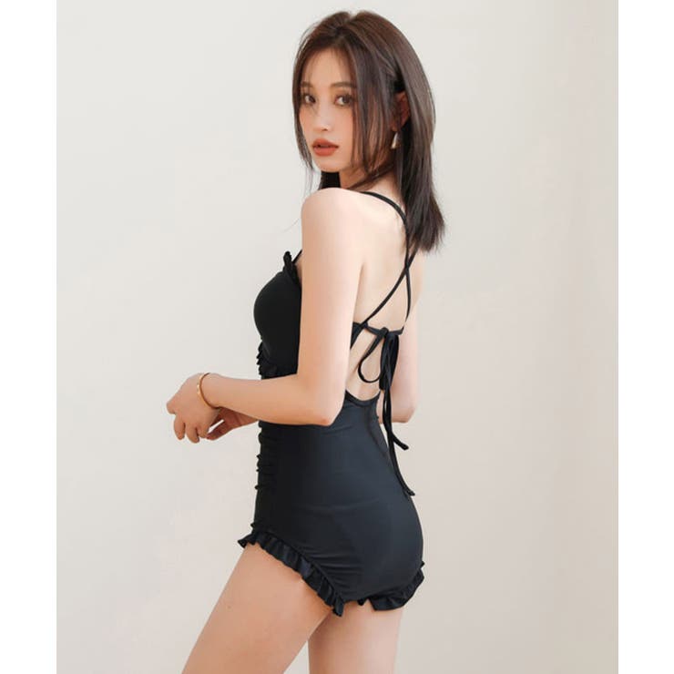 RAVIJOUR ブラック フリルワンピース水着 ワンピース水着 フリル バックシャン 黒 | y-boueki -import