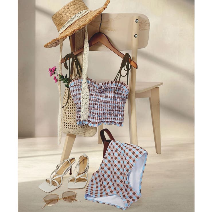 アイスブラウンチェック | 水着 レディース シャーリング ビキニ セットアップ 2点セット セパレート | OSYAREVO