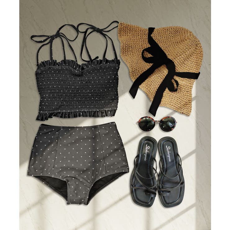 ブラックドット | 水着 レディース シャーリング ビキニ セットアップ 2点セット セパレート | OSYAREVO