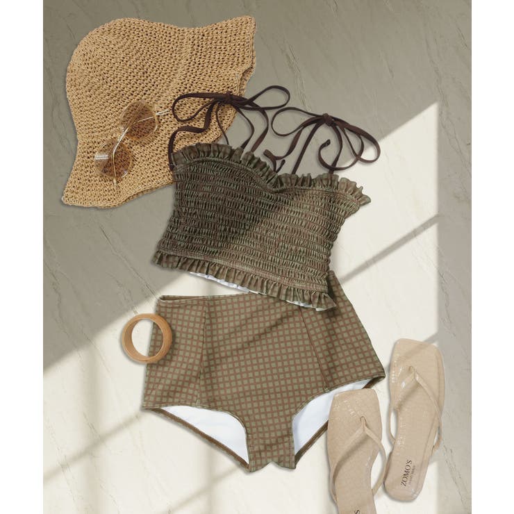 ブラウングラフチェック | 水着 レディース シャーリング ビキニ セットアップ 2点セット セパレート | OSYAREVO