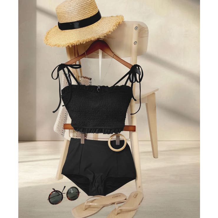 ブラック | 水着 レディース シャーリング ビキニ セットアップ 2点セット セパレート | OSYAREVO