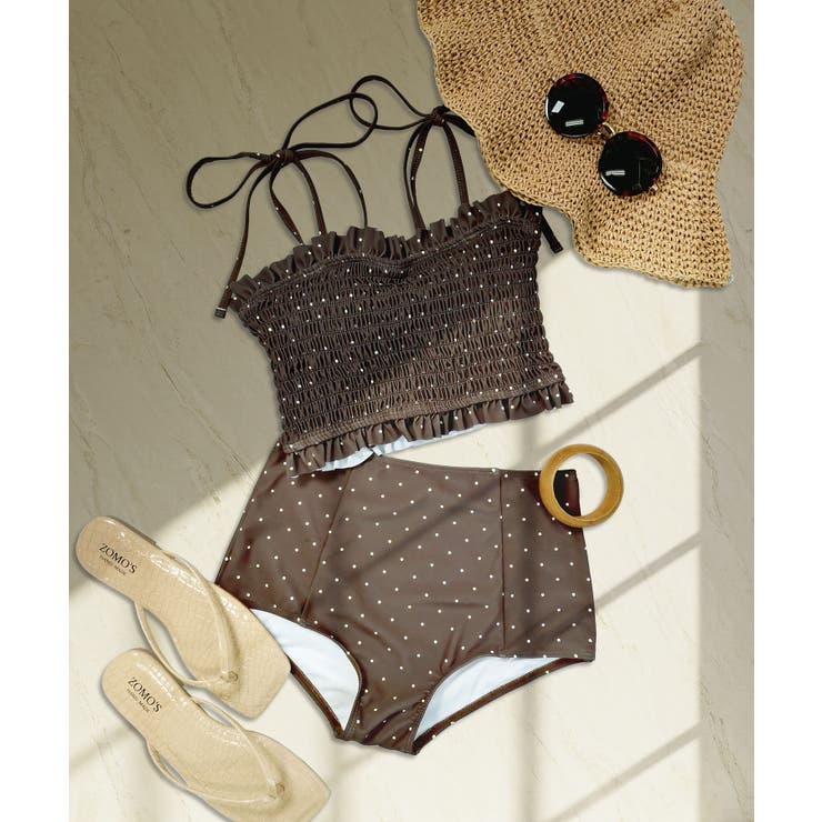 ブラウンドット | 水着 レディース シャーリング ビキニ セットアップ 2点セット セパレート | OSYAREVO