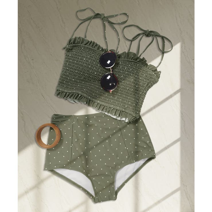 カーキドット | 水着 レディース シャーリング ビキニ セットアップ 2点セット セパレート | OSYAREVO