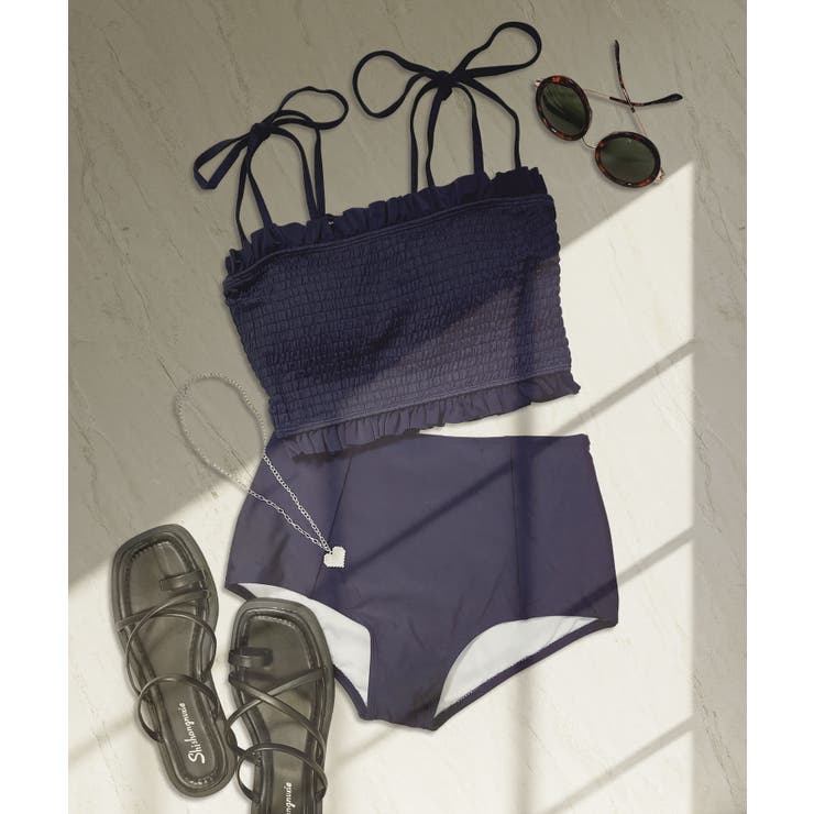 ネイビー | 水着 レディース シャーリング ビキニ セットアップ 2点セット セパレート | OSYAREVO