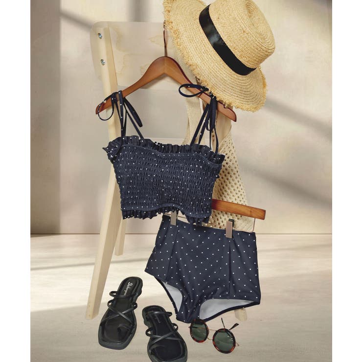 ネイビードット | 水着 レディース シャーリング ビキニ セットアップ 2点セット セパレート | OSYAREVO