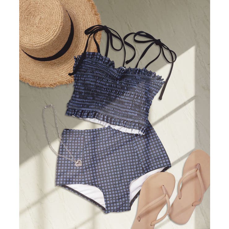ネイビーグラフチェック | 水着 レディース シャーリング ビキニ セットアップ 2点セット セパレート | OSYAREVO