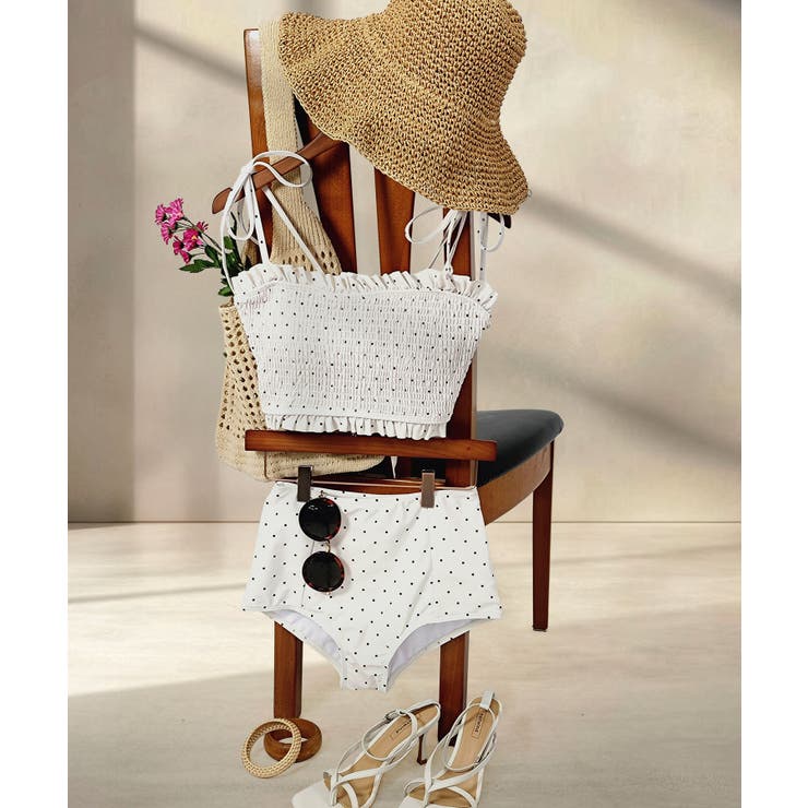 ホワイトドット | 水着 レディース シャーリング ビキニ セットアップ 2点セット セパレート | OSYAREVO