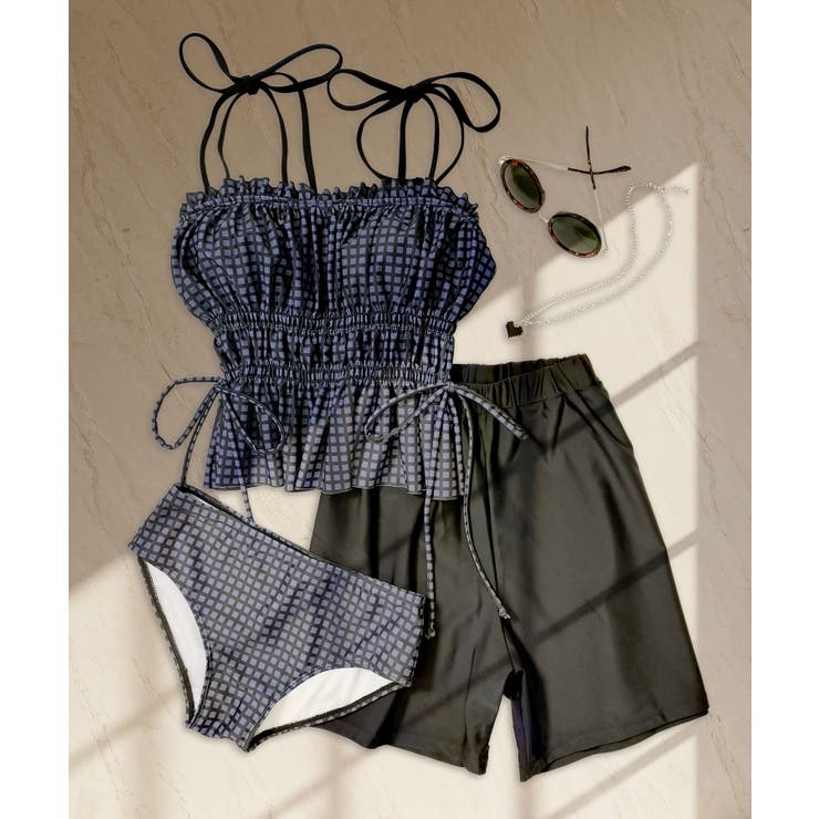 ネイビーグラフチェック×ブラック | シャーリング フリル キャミソール 水着 セットアップ レディース | OSYAREVO
