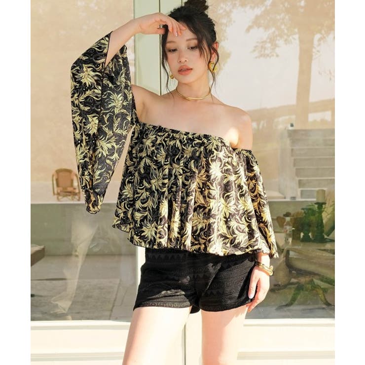 リーフブラック×ブラック | カバーアップ オフショルダー キャミソール | OSYAREVO