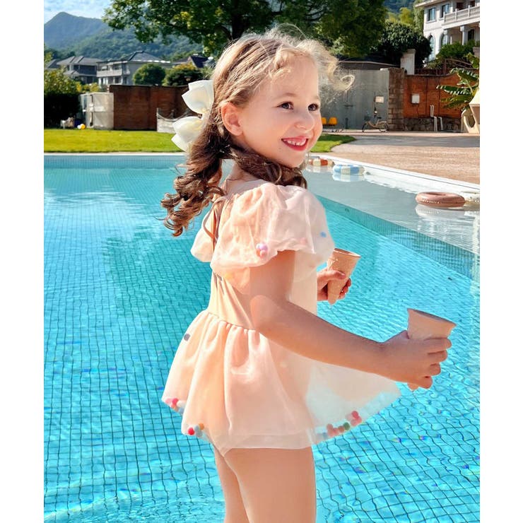 パールチュールワンピース水着 キッズ ポンポン チュール ワンピース 水着[品番：OSRW0005559