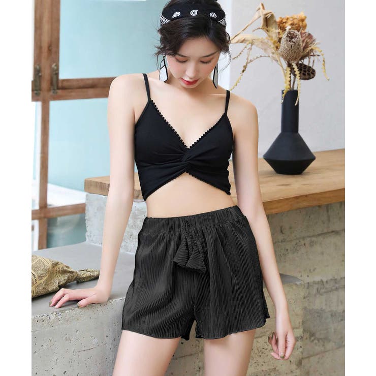 ショートパンツ付き リブツイスト スイムウェア 3点セット 水着