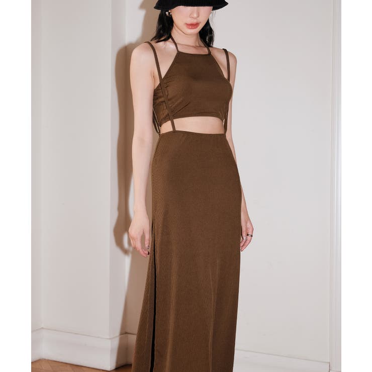 ブラウン | ロングスカート付き ハイネック リブ ビキニ 水着 セットアップ レディース | OSYAREVO