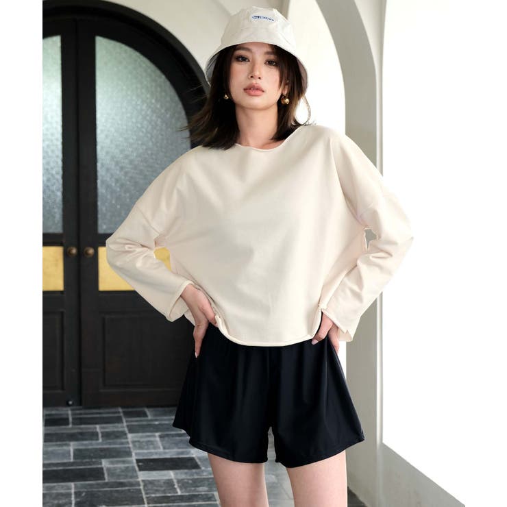 KPS＊Vネックフレアトップス(ラッシュガード) UVカット】深Vネック長袖トップス（ラッシュガード対応