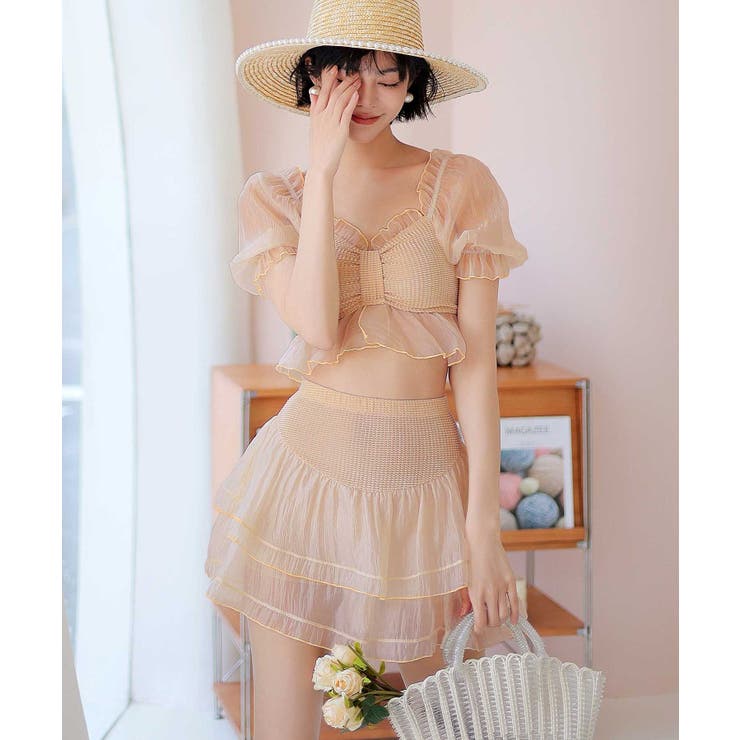 長袖チュール フリル チュール レディー ワンピース 水着 UVカット/水着】チュールフリル長袖ワンピース | マーキーズ