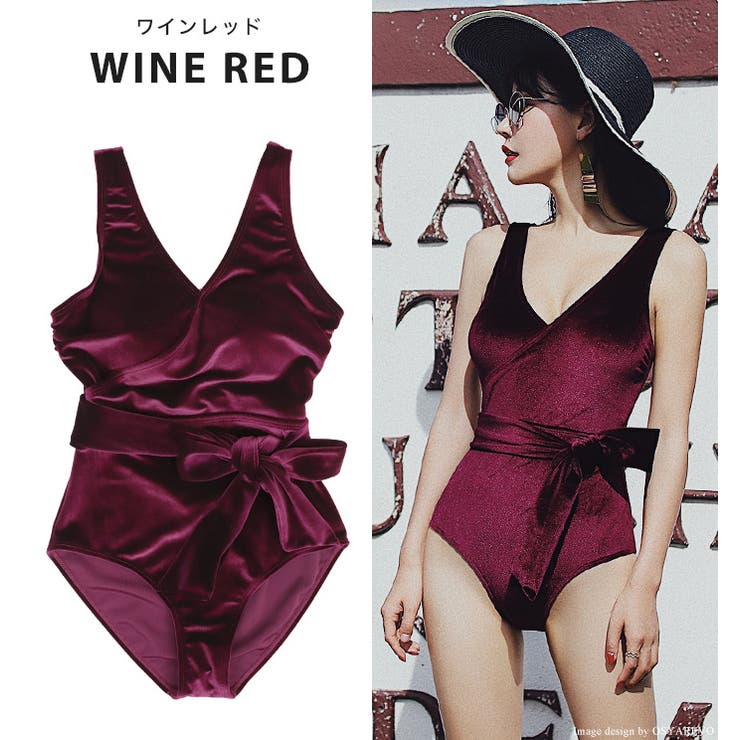 ウエストリボン ベロアワンピース 水着[品番：OSRW0004235]｜OSYAREVO