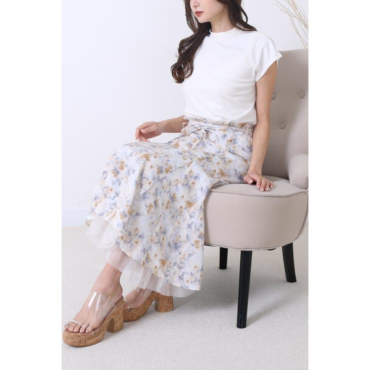 ぼかし花柄プリント 細紐付 ロングマーメイド[品番:TWPW0001345 ぼかし花柄プリント 細紐付 ロングマーメイド[品番:TWPW0001345