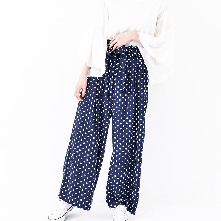 水玉共リボンラッピングワイドパンツ ドット パンツ[品番