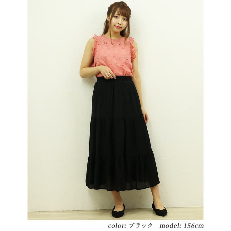 ブラック | 3段ティアードきれいめ ロングスカート大人 可愛い | Fetchcollectionボトムス専門店