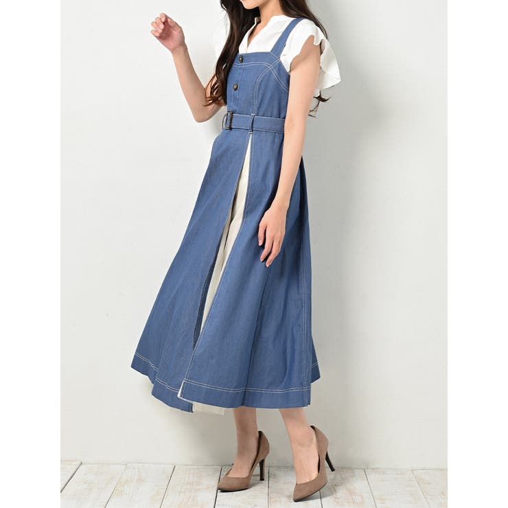 【2色】異素材ミックス☆ジャンスカ チュール デニム ロング ワンピース デニムワンピース チュールスカート ドッキング