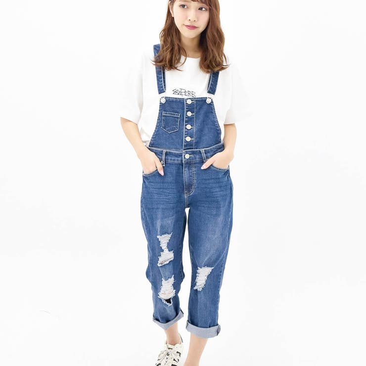 ダメージ加工2WAYサロペット オールインワン デニム