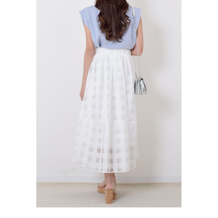 大柄透けるシアーチェック ボリュームタックスカート 格子柄[品番