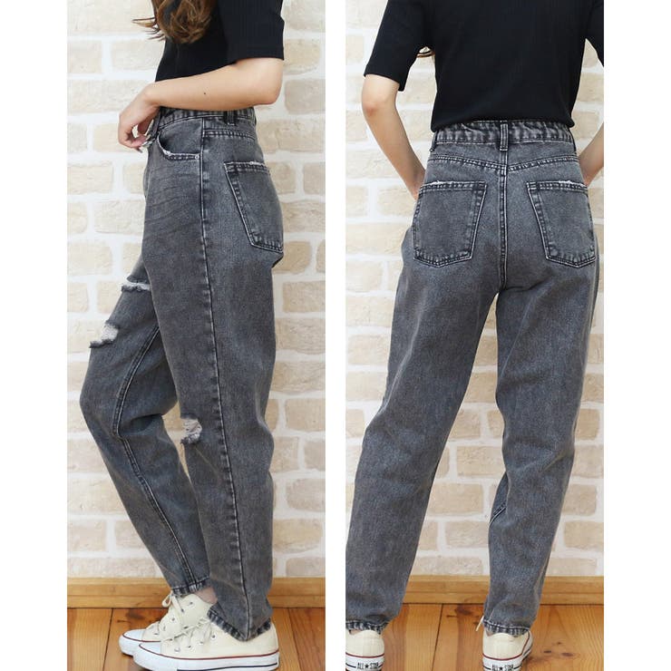 ★  Jeans★Mom ジーンズ デニムパンツ CKロゴ入り 破れ加工MOM デニムパンツ マムパンツ[品番：TWPW0001073