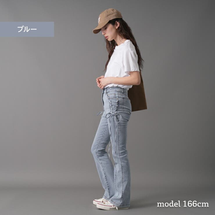 ストレッチデニム レースアップフレアパンツ レディース[品番 ストレッチデニム レースアップフレアパンツ レディース[品番