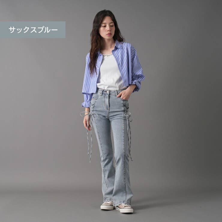 ストレッチデニム レースアップフレアパンツ レディース[品番 ストレッチデニム レースアップフレアパンツ レディース[品番