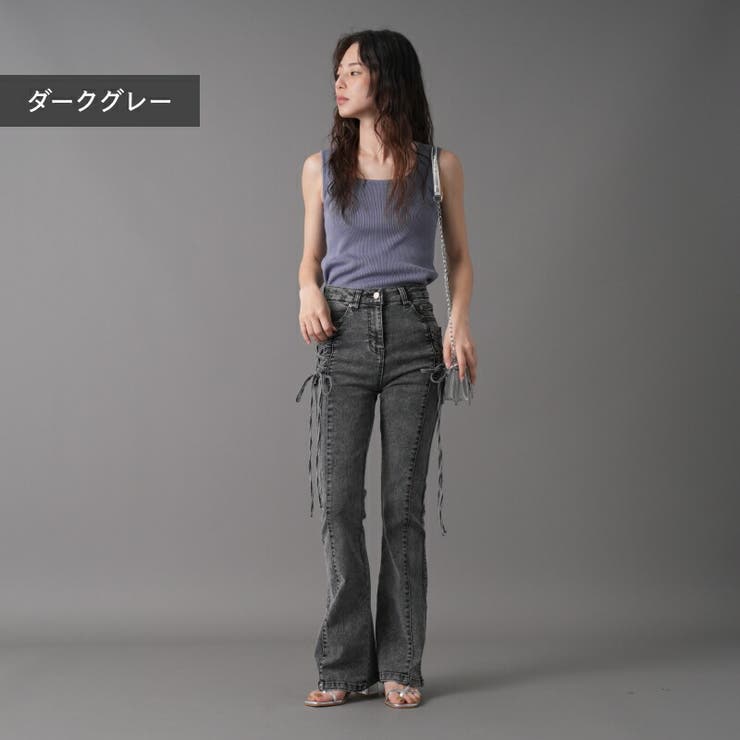 ストレッチデニム レースアップフレアパンツ レディース[品番 ストレッチデニム レースアップフレアパンツ レディース[品番