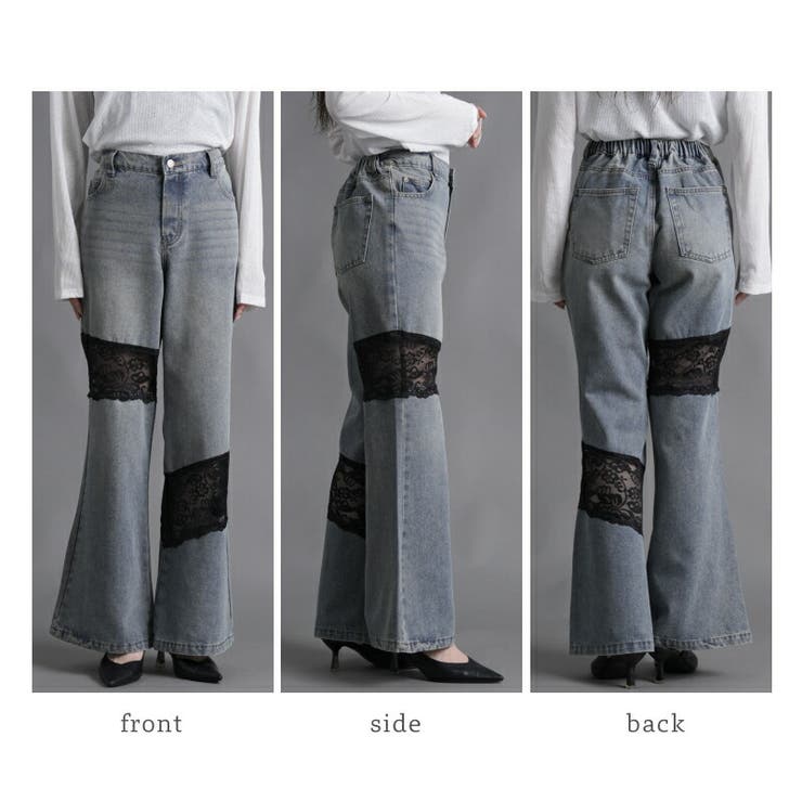 アシンメトリーレース切替デニムフレアパンツ 10ozスラブデニム