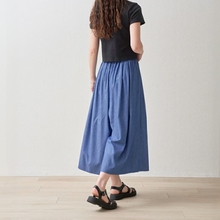 合皮ベルト付きライトオンス綿 レーヨンデニムスカウチョ ワイドパンツ | Fetchcollectionボトムス専門店 | 詳細画像3 