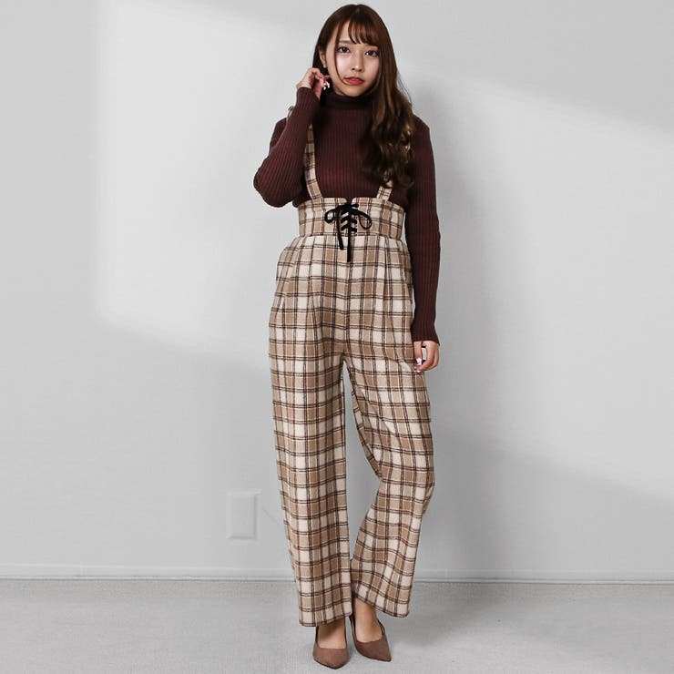 サスペンダー付き ワイドパンツ きれいめ[品番：TWPW0001312