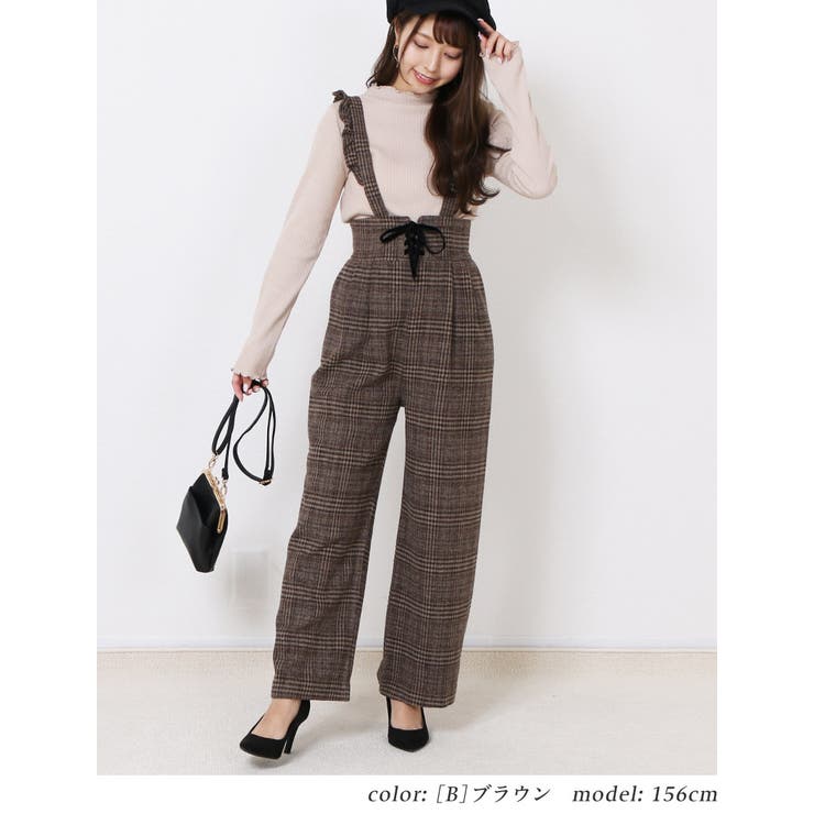 サスペンダー付き ワイドパンツ きれいめ[品番：TWPW0001312