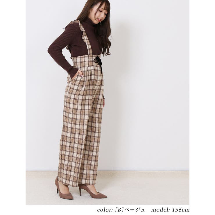 サスペンダー付き ワイドパンツ きれいめ[品番：TWPW0001312