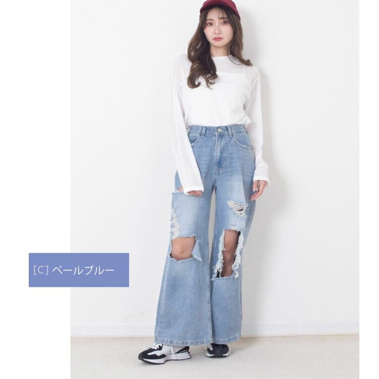 少し厚めの12.5オンススラブデニム破れ加工ワイドストレートパンツ|クラッシュデニムワイドデニムダメージウォッシュ加工[2022年7月新作]