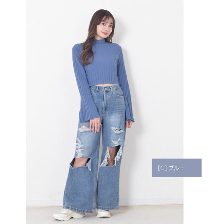 少し厚めの12.5オンススラブデニム破れ加工ワイドストレートパンツ|クラッシュデニムワイドデニムダメージウォッシュ加工[2022年7月新作]