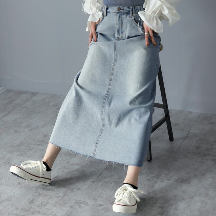 人気の春夏 デニムスカート Aラインスカート[品番 スラブストレッチデニム Lサイズ