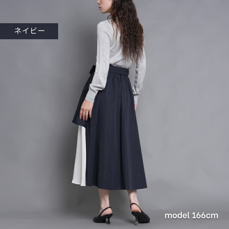 リボン付きラッフルスカート アシンメトリー シフォン切替[品番