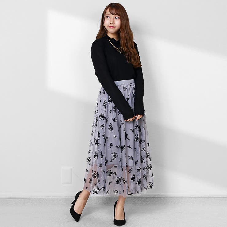 総柄 フレアスカート ひざ丈 タック入 ブルー系 Ｆ 韓国ファッション