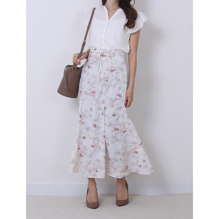 ぼかし花柄プリント 細紐付 ロングマーメイド[品番:TWPW0001345 ぼかし花柄プリント 細紐付 ロングマーメイド[品番:TWPW0001345