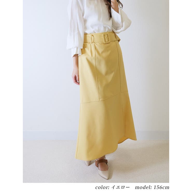 合繊綿混ツイル 共ベルト付きペプラム前スリット アシンメトリーマーメイドスカート | Fetchcollectionボトムス専門店 | 詳細画像2 