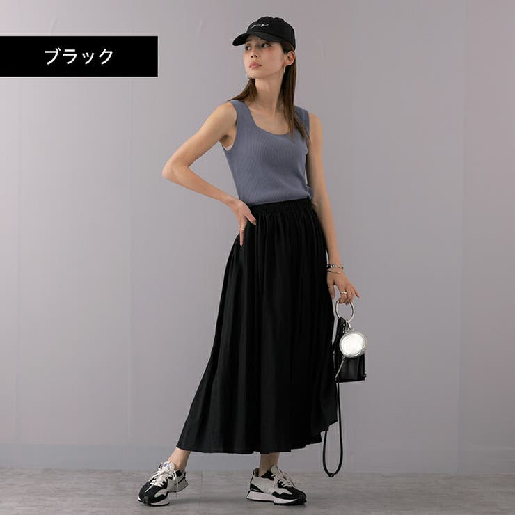 麻混 最強素材のギャザーロングスカート 85cm丈[品番